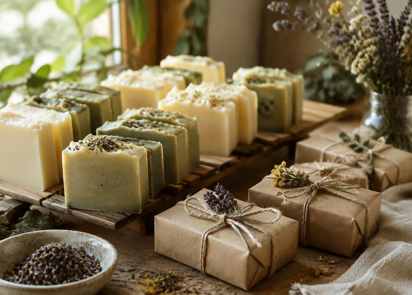 Handmade soap bars curing on a wooden rack, some wrapped in kraft paper and twine